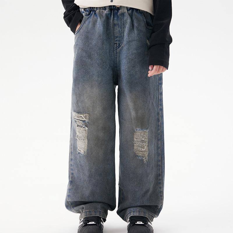 

Джинсы деним в стиле ретро с рваными деталями в корейском стиле для девочек - средние и большие размеры 120 синий