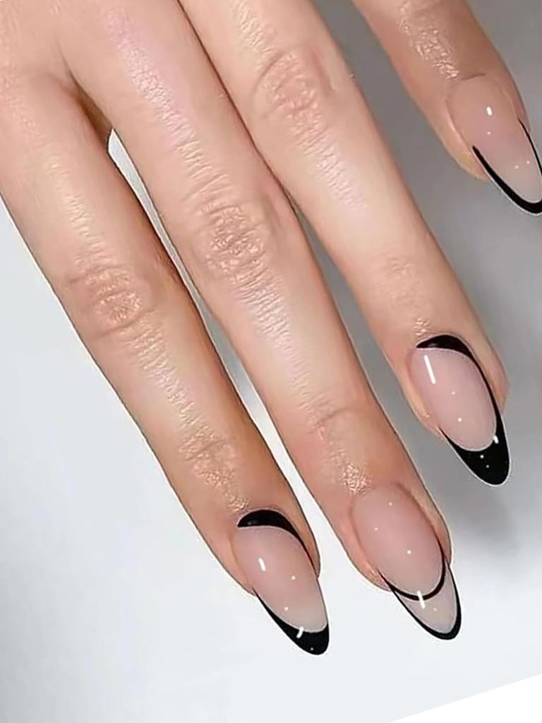 Secret Lives Glossy Reusable Artificial Translucent Pink Color with Black Design Press On Nails 24 Pieces Set with Kit