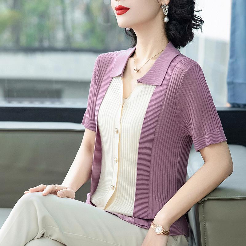 

Middle-aged Women s Ice Silk Lapel T-shirt: Summer Short-Sleeved Slimming Knitwear Top (2026) 3XL (120-135 lbs) фиолетовый