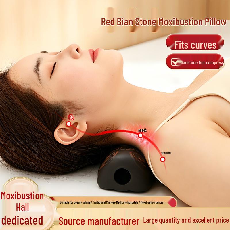 Red Bianstone Moxibustion Neck Pillow: Portable Cervical Spine Heat Therapy Device for Home Use