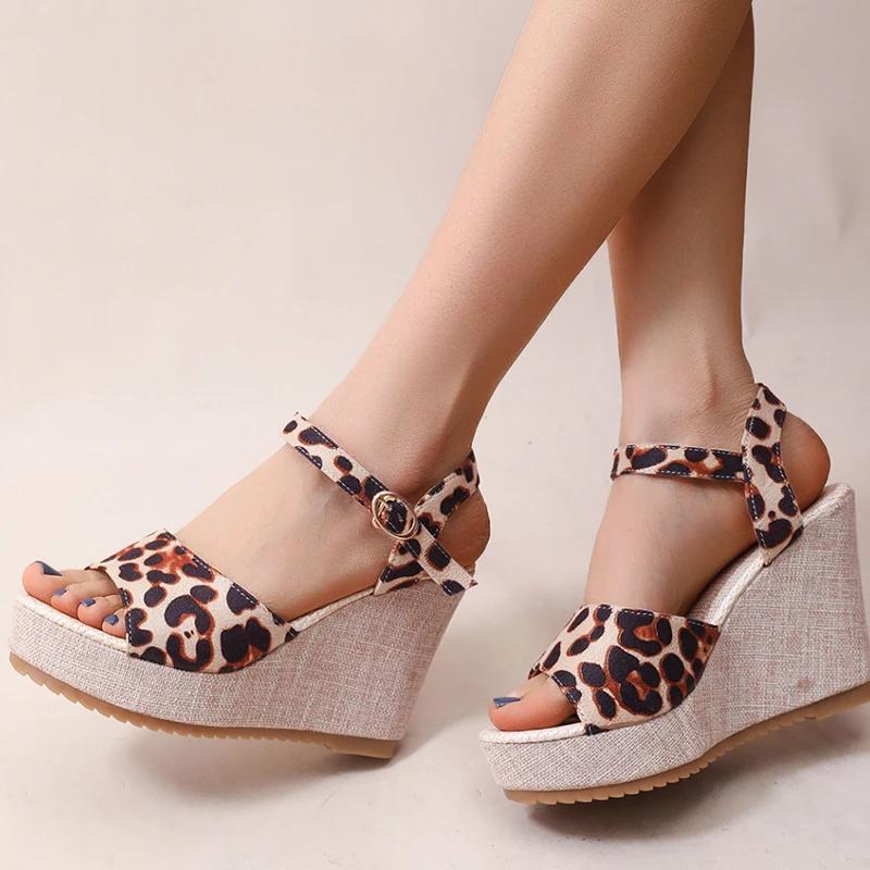 Fashion Vintage Leopard Print Platform Sandals for Women Summer Buckle Wedge High Heel Sandal Female Outdoor Anti-Slip Sandalias Mujer