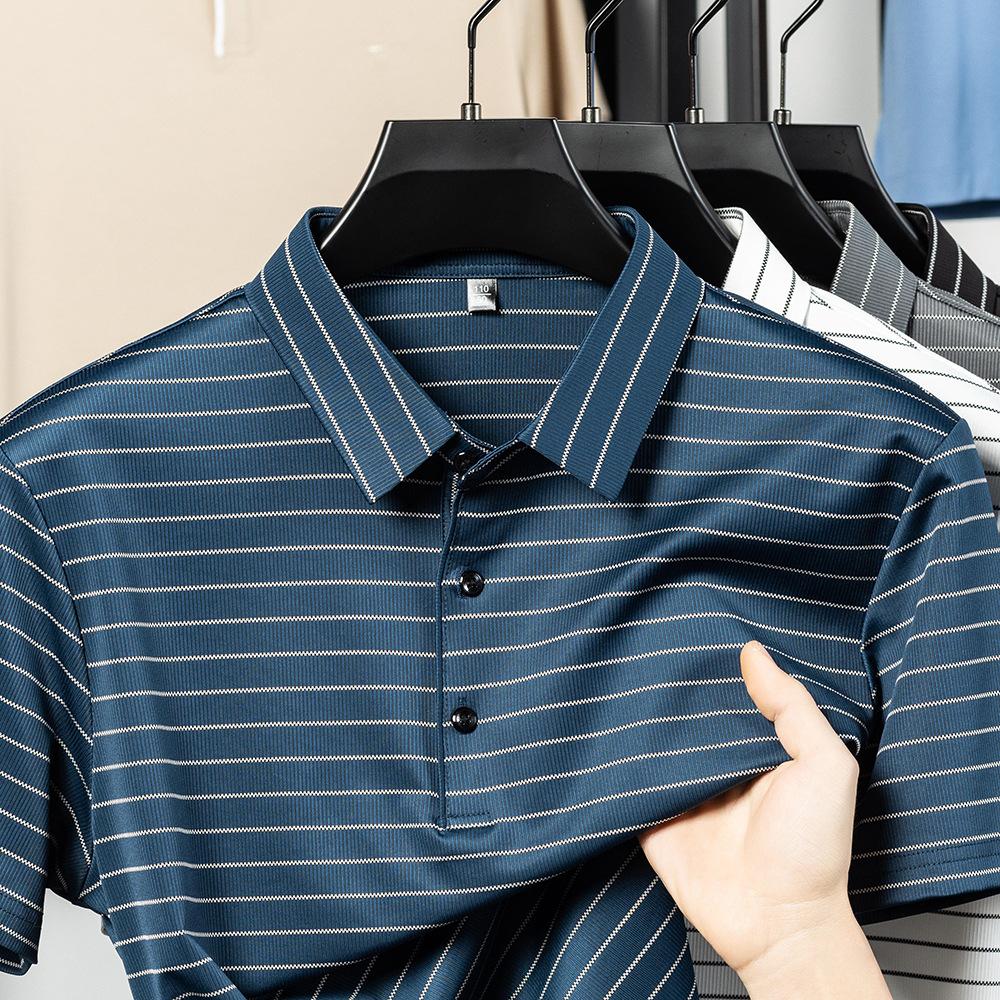 Mulberry Silk Short Sleeve T-Shirt Breathable Men'S Striped Lapel Polo Shirt Business Half Sleeve Top