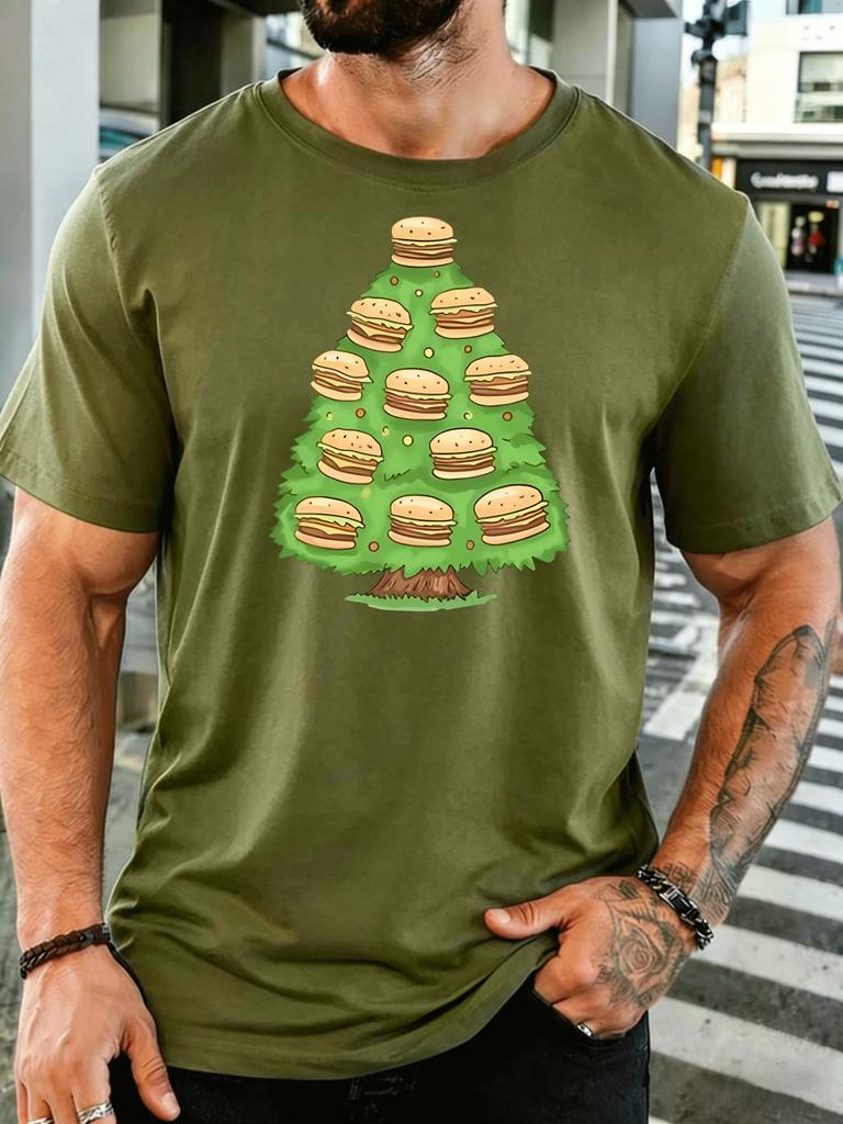 Unisex Short Sleeve T Shirt Burger Christmas Tree Graphic Tee Food Print Tops Summer Soft Cotton Casual Street Wear For Adult Male