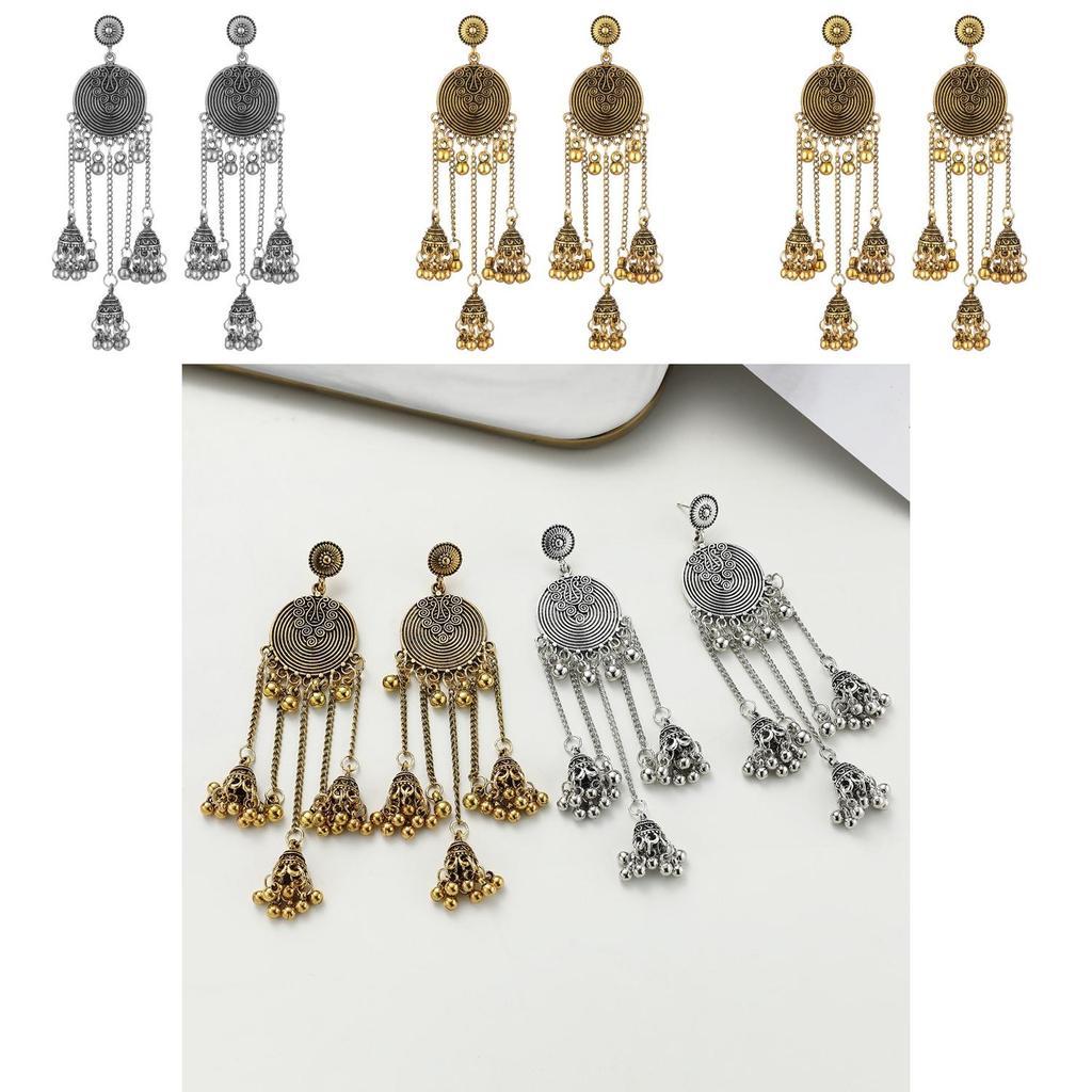 Ethnic Inspired Long Drop Earrings With Bell Tassels And Flower Motif For Ladies