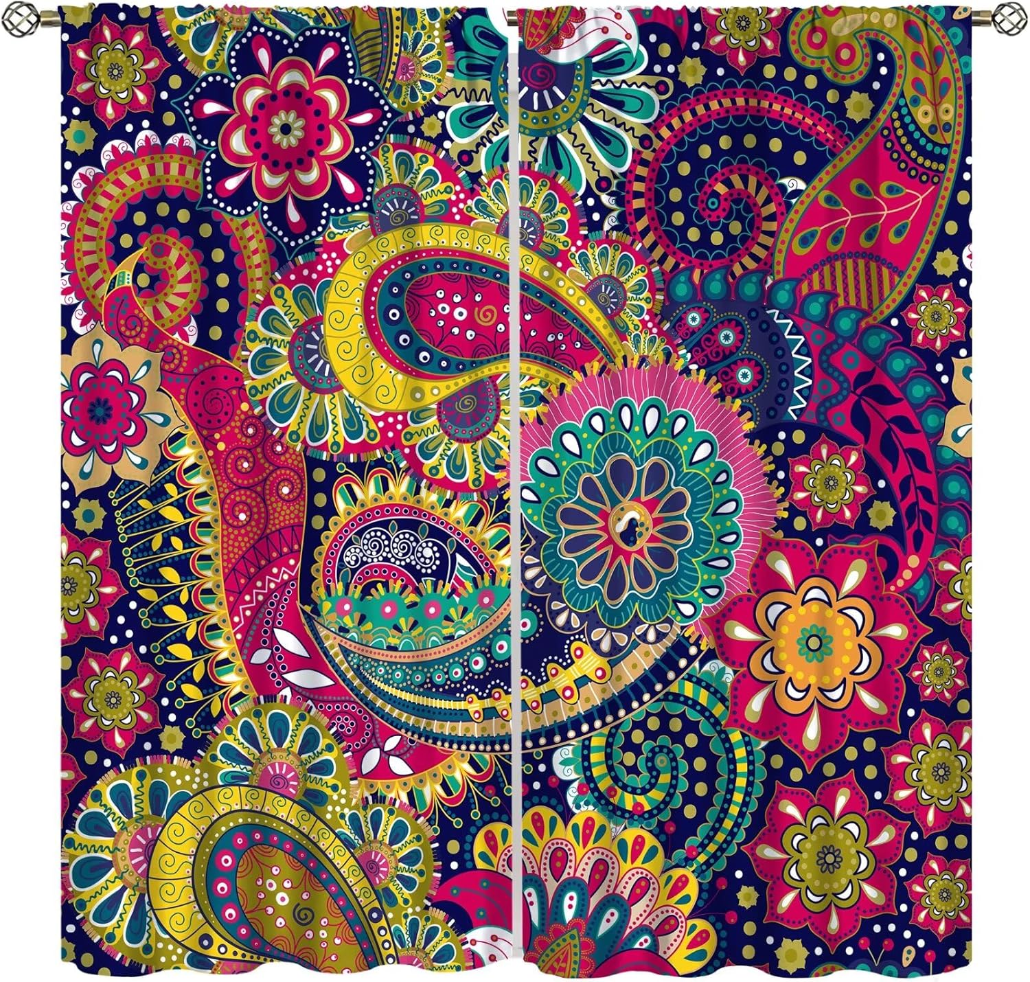 Insulated Colorful Floral Curtains Vintage Tribal Ethnic Abstract Paisley Mandala Pattern Print Bedroom Curtain Boho Polyester Washable Sleeping Area W100*H130(CM)-Hooks&2PCS