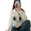 Retro literary and artistic contrasting color diamond lapel knitted cardigan top women's loose lazy wind age-reducing sweater jacket