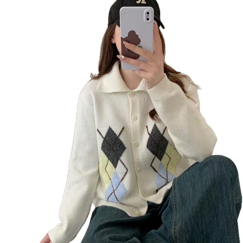 Retro literary and artistic contrasting color diamond lapel knitted cardigan top women's loose lazy wind age-reducing sweater jacket