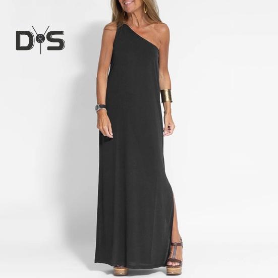 Kvinner Maxikjole En skulder Ermeløs Ryggløs Ensfarge Løs Myk Skrå Hals Side Delt Full Lengde Sommerferiekjole