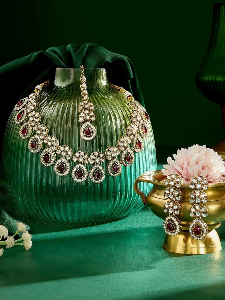 Pink Stones Antique Plated Traditional Kundan Necklace Earring & Maangtikka Set For Women
