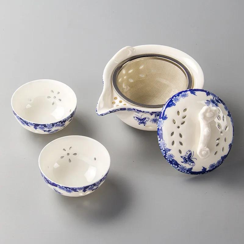 Blue and White Porcelain Travel Tea Set 1 Pot 2 Cup Coffee Teapot for Tea in a Cup Gaiwan Cups and Mugs Teacups Teeware Teware
