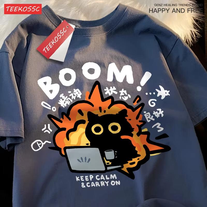 Good Mental State Pure Cotton Short Sleeved T-shirt for Men Women 2024 Summer New Tee Clothes Loose Casual Cartoon Oversized Top
