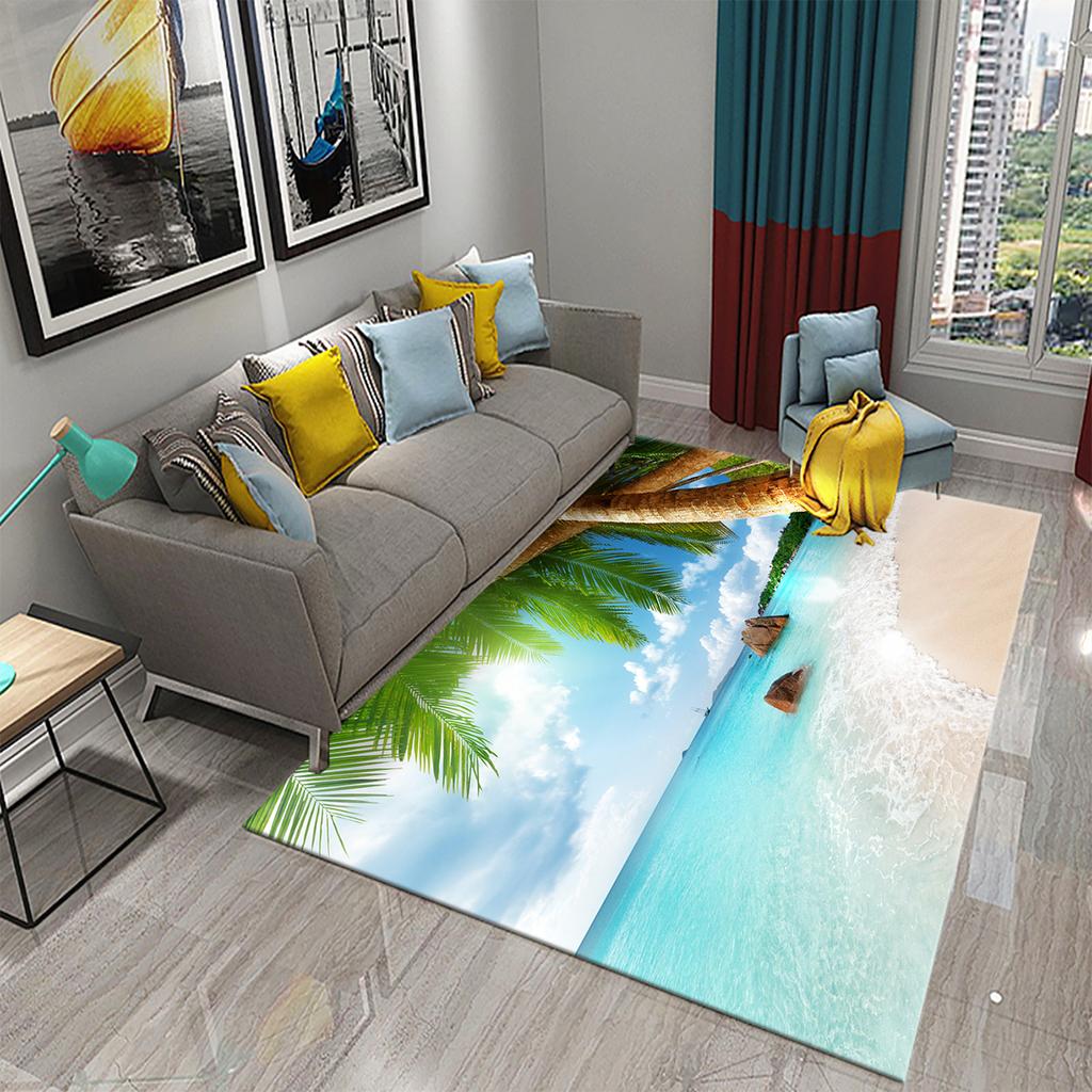3D Tropical Island Ocean Beach Print Carpet for Kitchen Bathroom Living Room Bedroom Non-slip Absorbent Modern Home Decor Carpet