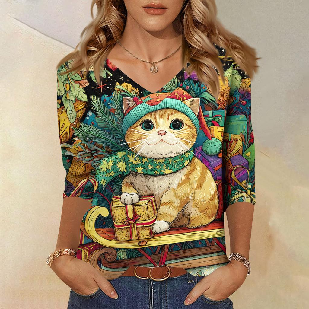 3/4 Sleeve Shirts For Women Print Christmas Tees Blouses Casual Plus Size Basic Tops Pullover