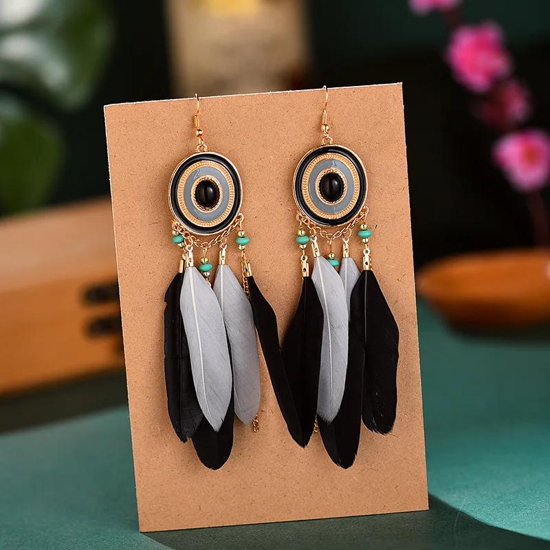Bohemian Colorful Feather Dangle Earrings For Women Ethnic Long Chain Tassel Drop Earring Girls Vacation Jewelry Gift