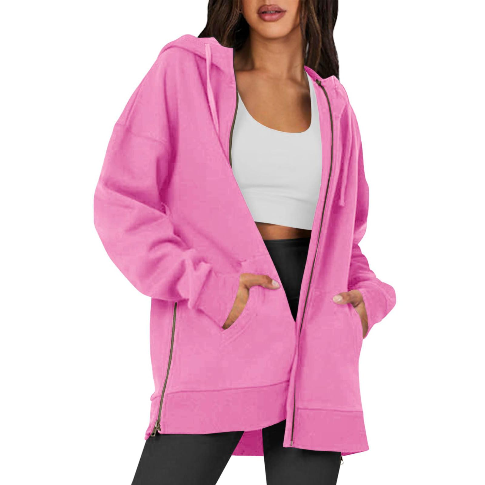 

Женские толстовки с капюшоном на молнии с длинным рукавом, осенние свободные толстовки, куртки с карманами, модная одежда, толстовки с капюшоном для женщин XXL розовый