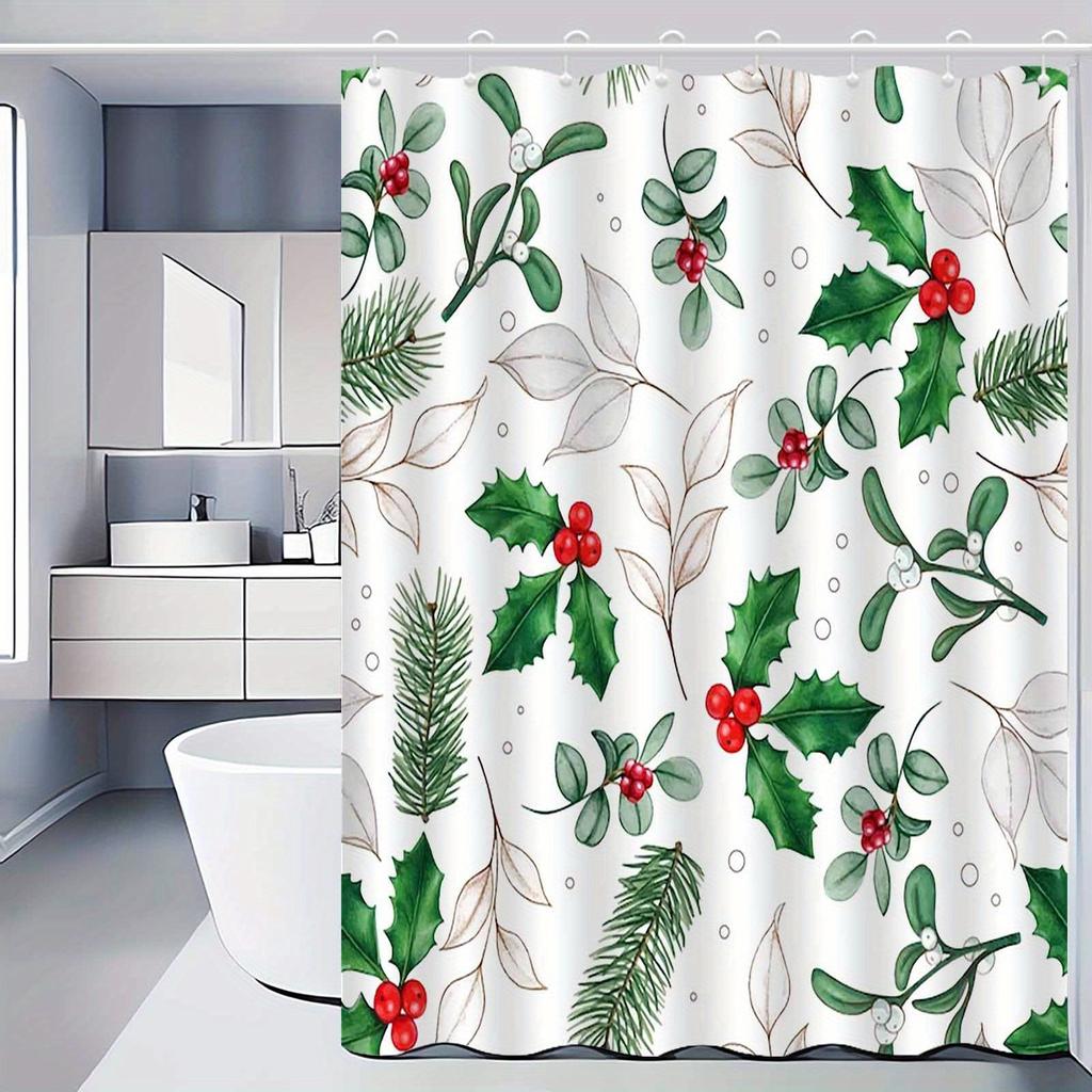 1Pc Fresh Christmas Pine Branch Pattern Shower Curtain, Polyester Fabric, Machine Washable, Suitable For Bathroom Decoration