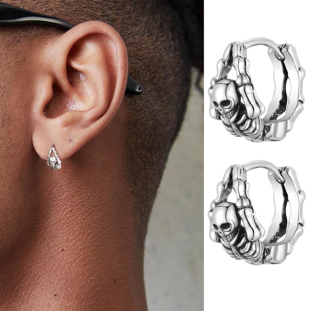 Punk Skeleton Hoop Earrings for Men,Never Fade Metal Huggies Hoop Earrings,Vintage Gothic Jewelry Gifts