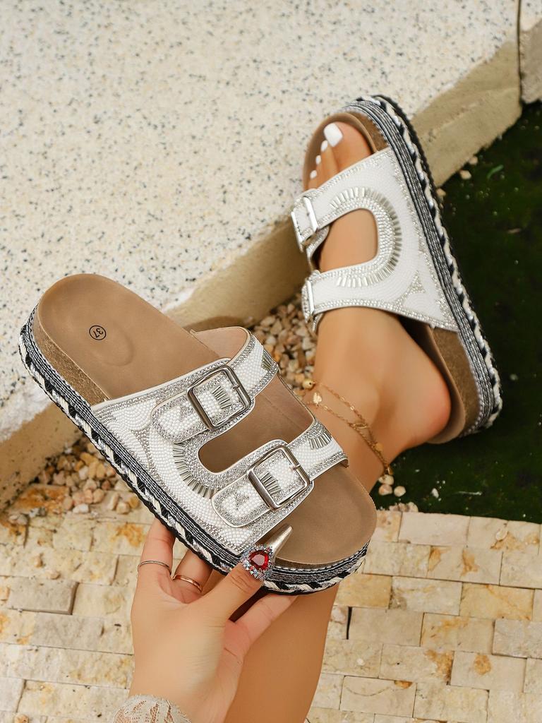 Ins New Thick-soled Hemp Rope Metal Buckle Rhinestone Cork Beach Slippers Large Size Shoes