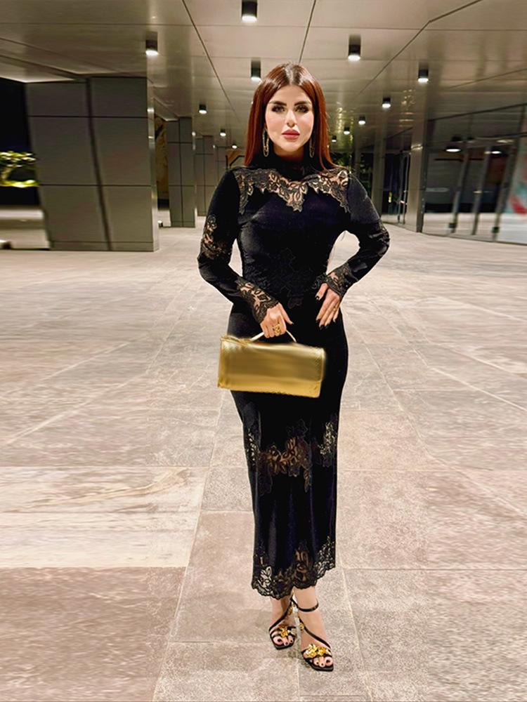 2026 Elegant Black Long Sleeve Lace Patchwork Dress with Retro Slim Fit and Back Slit
