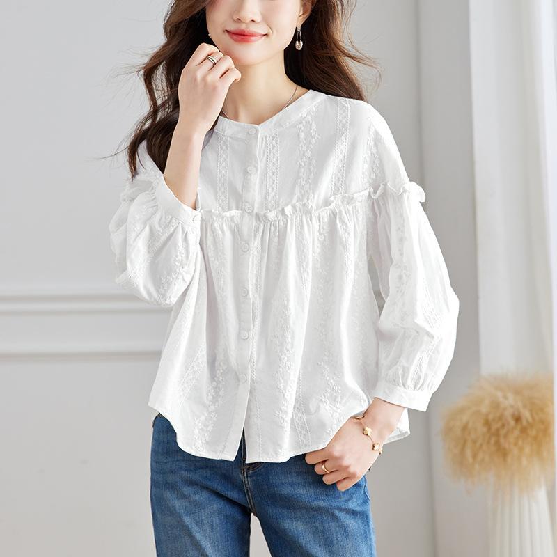 New Spring Pure Cotton Long-sleeved Shirt for Women Chinese Round Neck Jacquard Chic Top for Women Long-sleeved Shirt