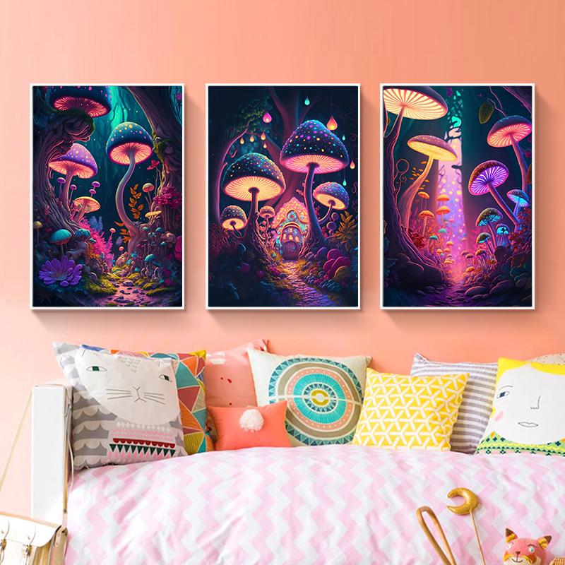 Abstract Psychedelic Mushrooms Enchanted Forest Poster Canvas Painting Colored Wall Art For Living Room Home Decor Cuadros