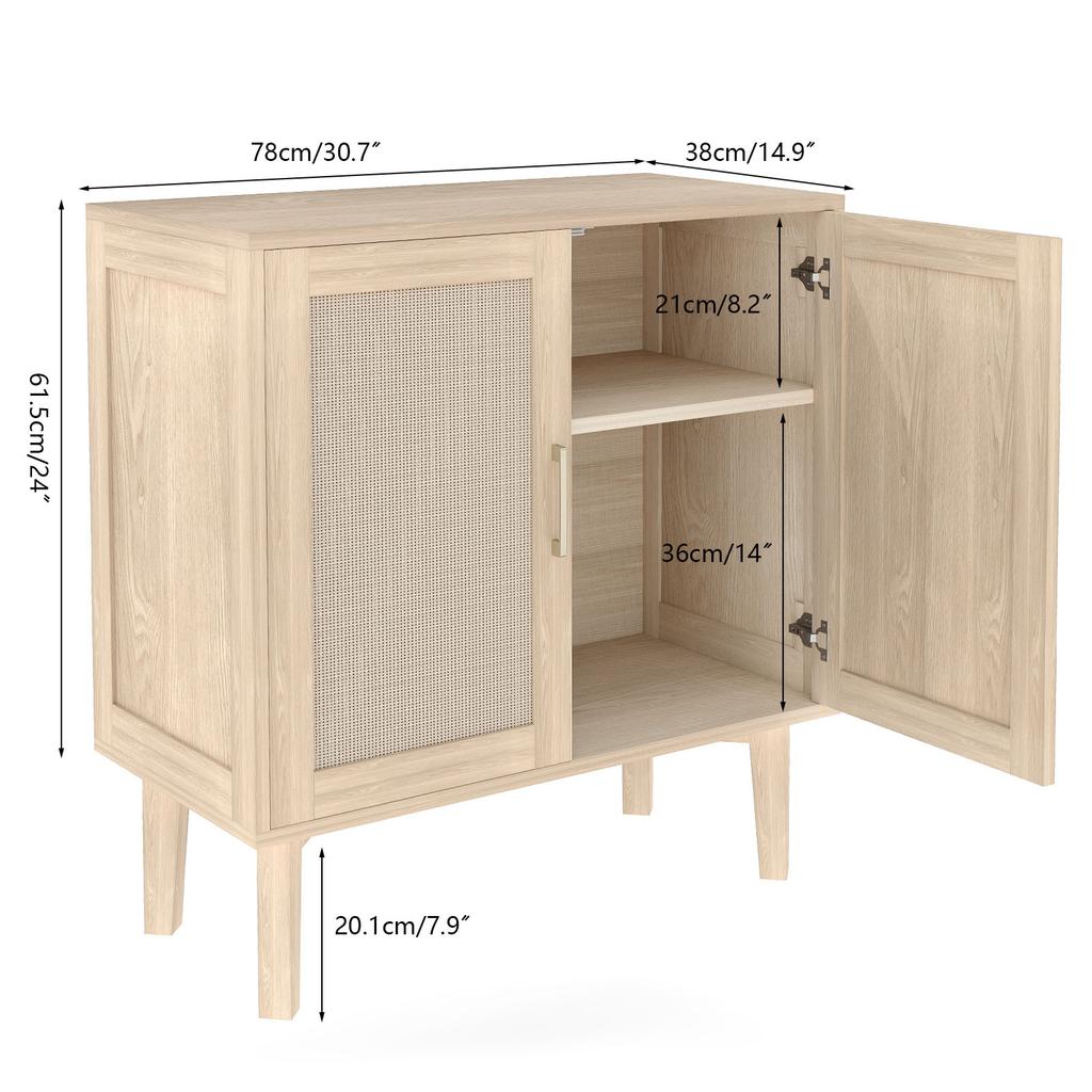 78x38x82cm Buffet Cabinet with Rattan Decor Doors Solid Wood Feet Multifunctional Sideboard Cabinet for Dining Room Kitchen