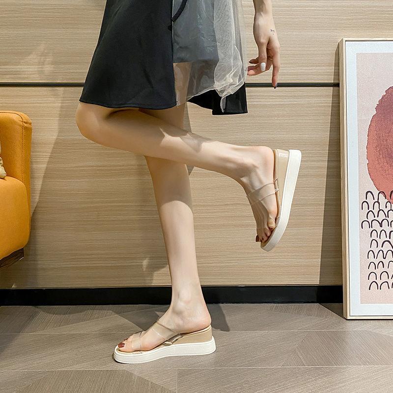 Slippers female summer go out new summer sexy high heels platform wedge heel word with transparent slippers outside wear