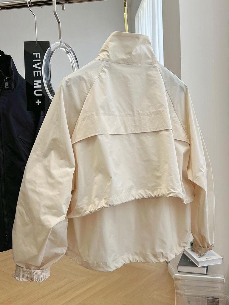 Women's Petite Solid Color Trench Coat - 2025 Spring/Autumn Korean Style, Stand Collar, Loose Fit