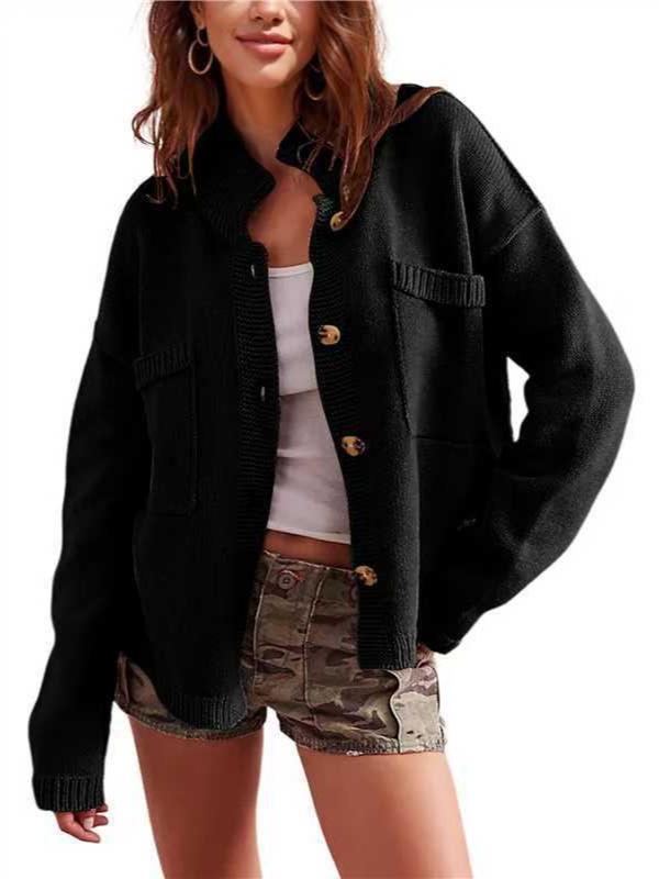 2024 New Women's Stand Collar Cardigan Sweater - Solid Color Knitwear for Autumn/Winter