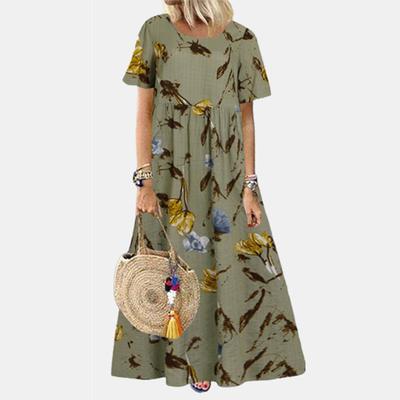 Vestidos de algodón finos con cuello redondo y manga corta informales de verano con estampado vintage para mujer
