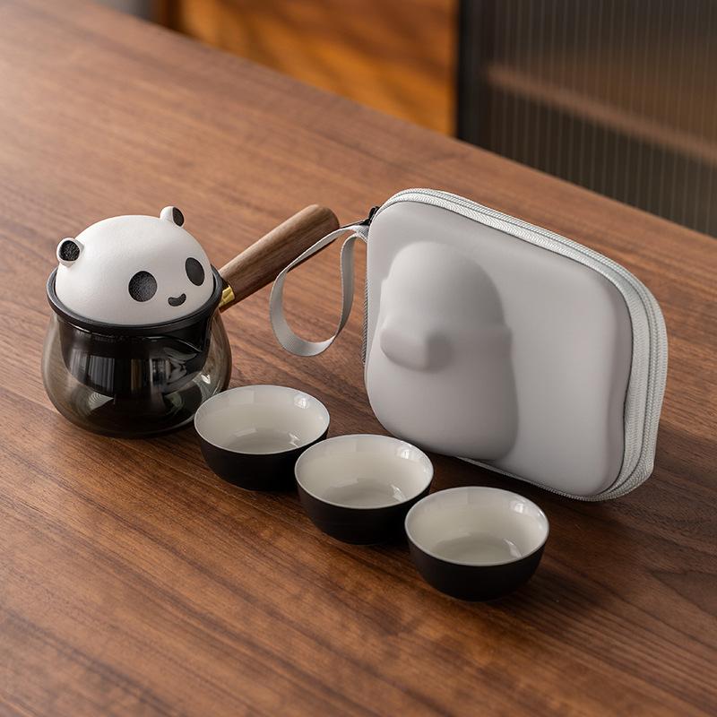 Panda merchandise side handle a pot of three cups travel tea set light luxury modern suet jade porcelain business commemorative gift