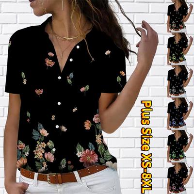 2025 Summer New Fashion Women's Flower Printed Short Sleeve V-neck Casual Button-down Shirt Top