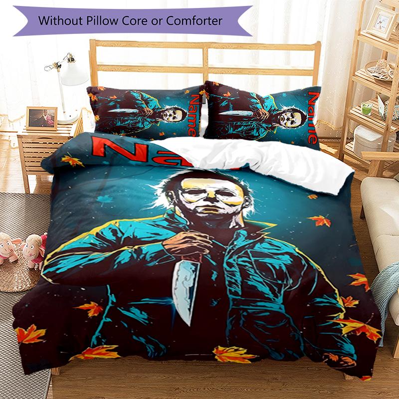 3pcs Custom Name Cartoon Michael Myers Bedding Set Duvet Cover Closure Includes 1 Duvet Cover & 2 Pillowcases for All Seasons Bedroom Decor