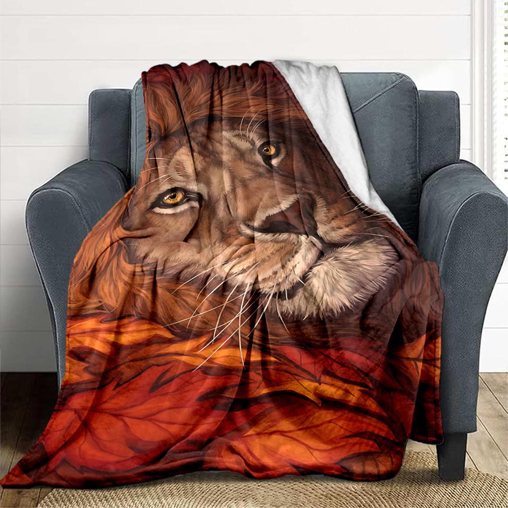 1pc Lion, Autumn Leaves Blanket Lightweight Flannel Blanket Throw Blanket For Sofa, Bed, Travel, Camping, Livingroom, Office, Couch, Chair, And Bed yy