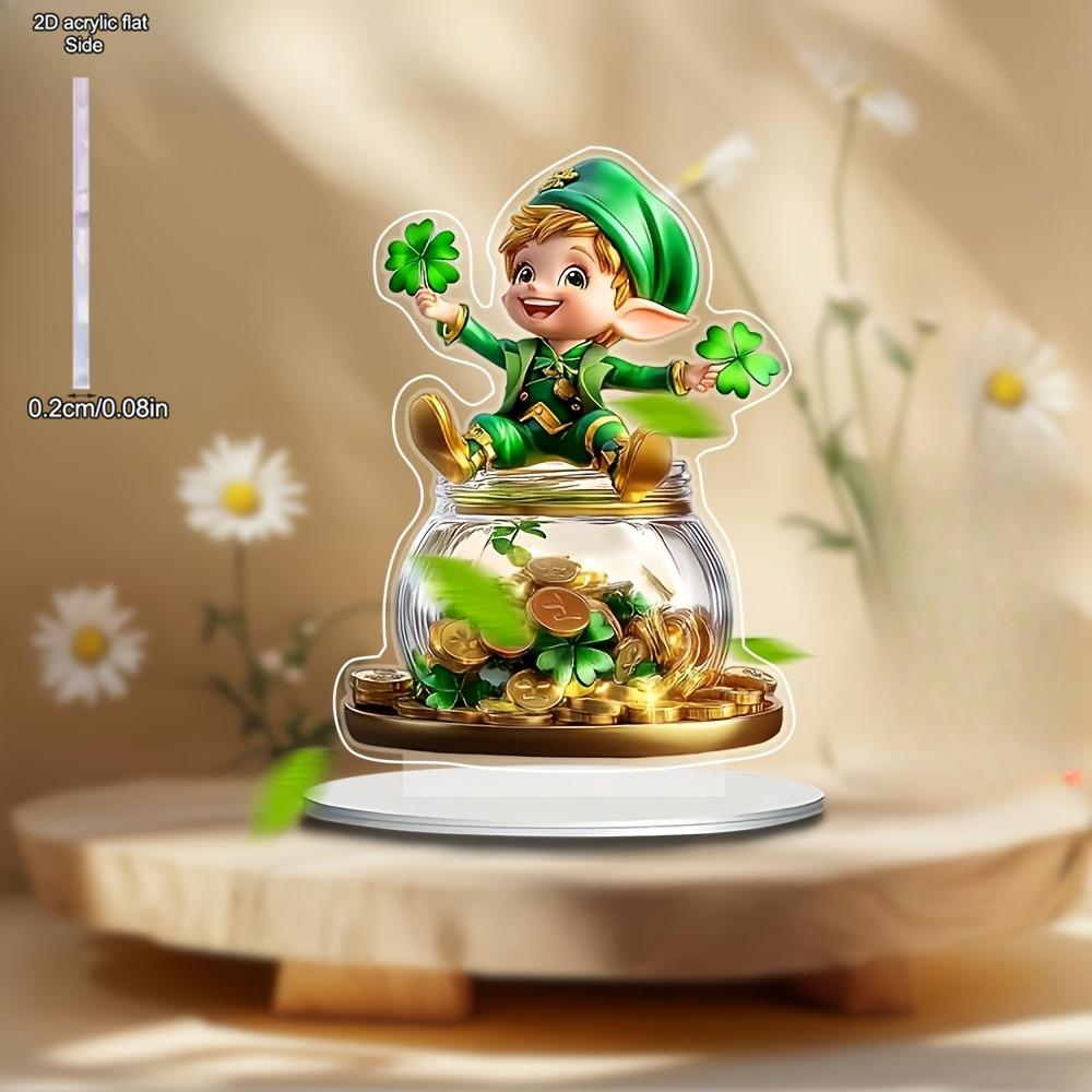 Acrylic Leprechaun Statue with Clover & Golden Pot - Bohemian Style Daytime Decoration - Light-Catching Base - Ideal for Home, Office, Living Room