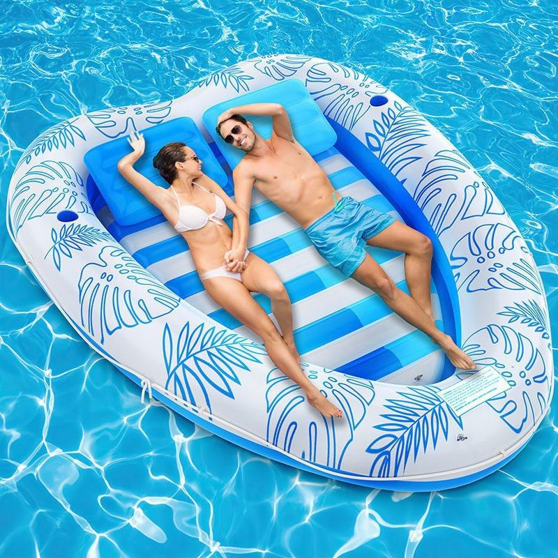 Doppel Aufblasbare Poolliege mit Kissen Getränkehalter Sonnenliege Wassermatte Verdicktes PVC Blattförmiges Schwimmbett zum Entspannen am Strand