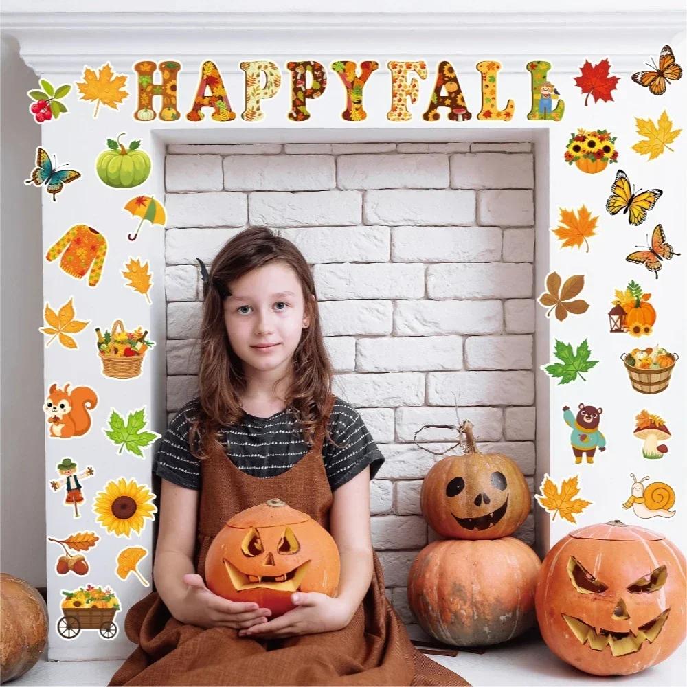Autumn Cardboard Leaves Squirrel Pumpkin Background Wall Bulletin Board Decorated Thanksgiving Wall Stickers Wall Decoration