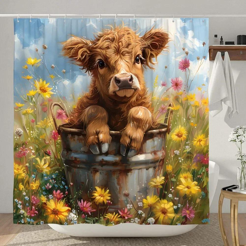 Lustiger Highland-Kuh Duschvorhang Rustikaler Landhausstil Kuh Cartoon Tier Kinder Badevorhang Polyesterstoff Heim Badezimmer Dekor
