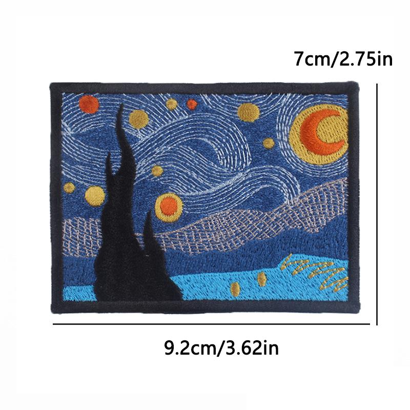 Van Gogh's Art Applique Iron On Patches On Clothes Cartoon Waves Starry Sky Embroidered Patches For Clothing Decorate Stickers