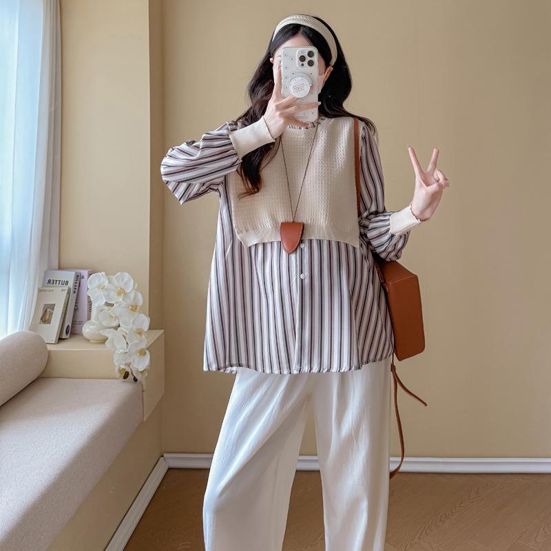 

2025 Autumn Maternity Striped Two-Piece Shirt: Trendy, Loose, and Belly-Flattering XL абрикосовий