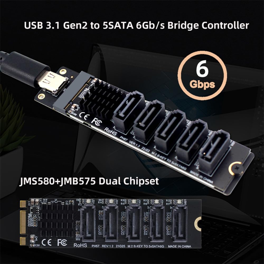Cablecc 10Gbps auf 6Gbps NGFF Key SATA Adapter Konverter PM Port Multiplikator Wahlschalter JMB575 JMS580 USB-C 5-Port Type-C B+M