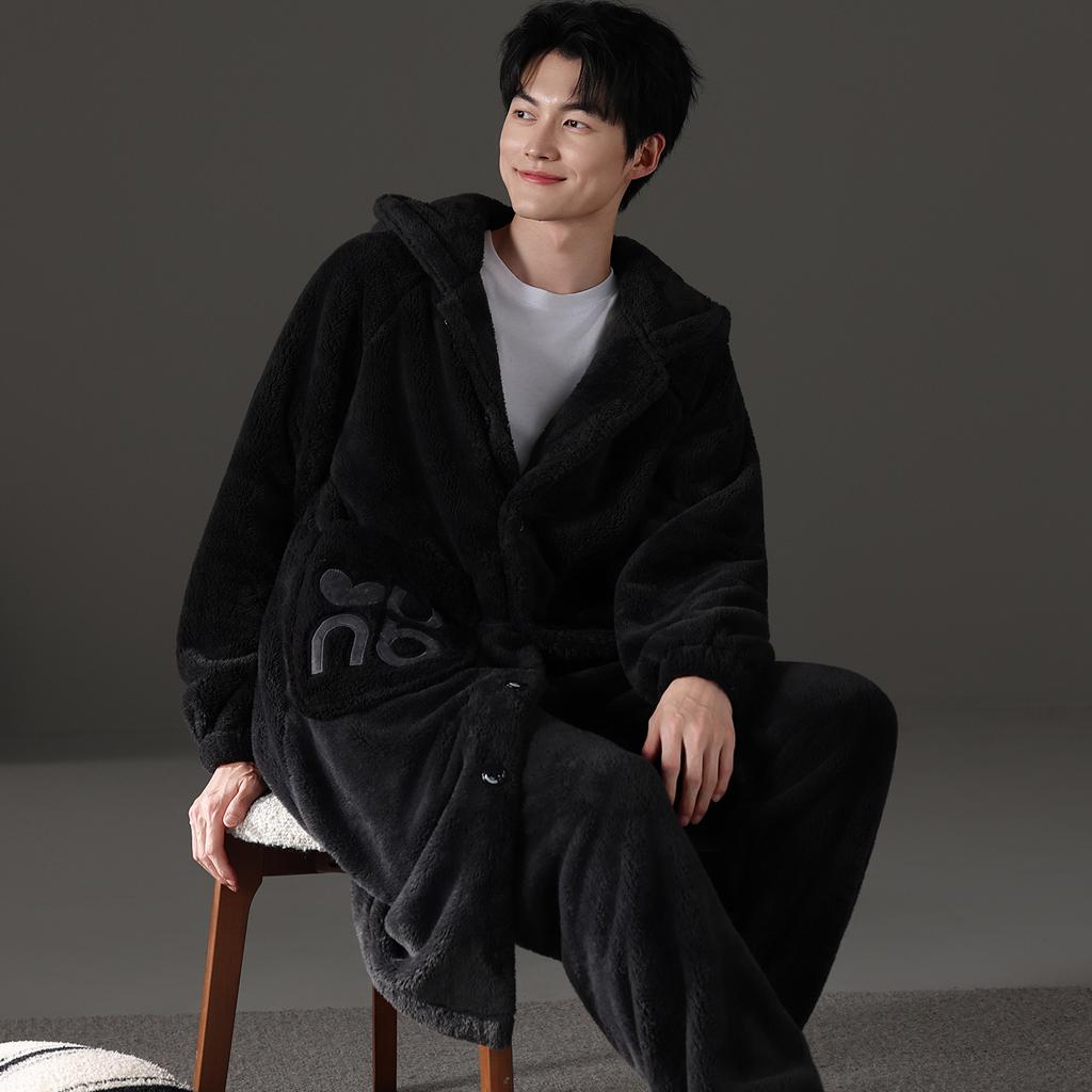 Nightgown Men's Autumn and Winter Coral Fleece Suit Pajamas Winter Hooded Thickened Fleece Flannel Loungewear Warm