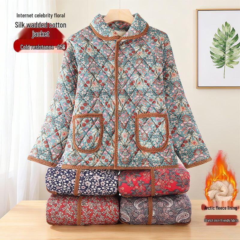Floral Lapel Cotton Padded Jacket: Thick, Short Style for Middle-Aged and Elderly Women, Perfect for Autumn and Winter.