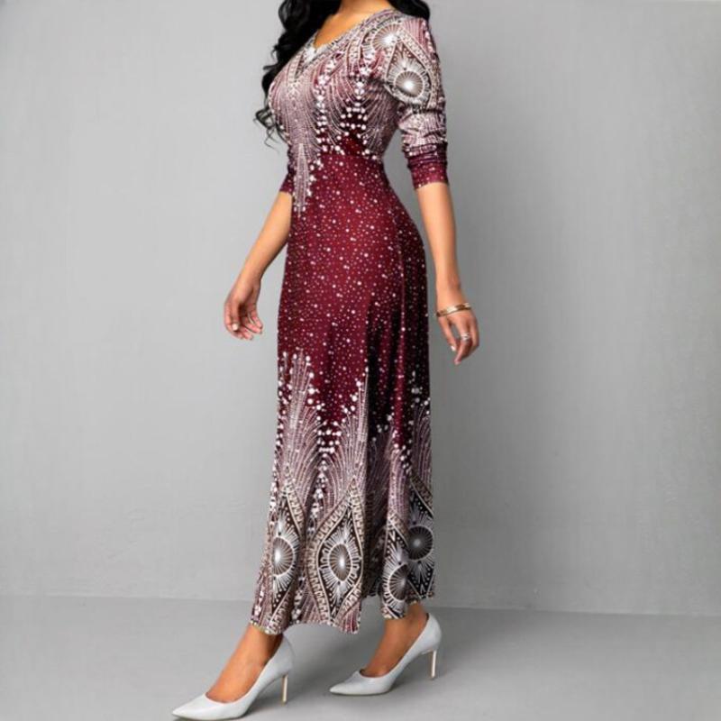 QICED Women's O-neck Vintage Print Long Sleeve Maxi Dress Spring Autumn