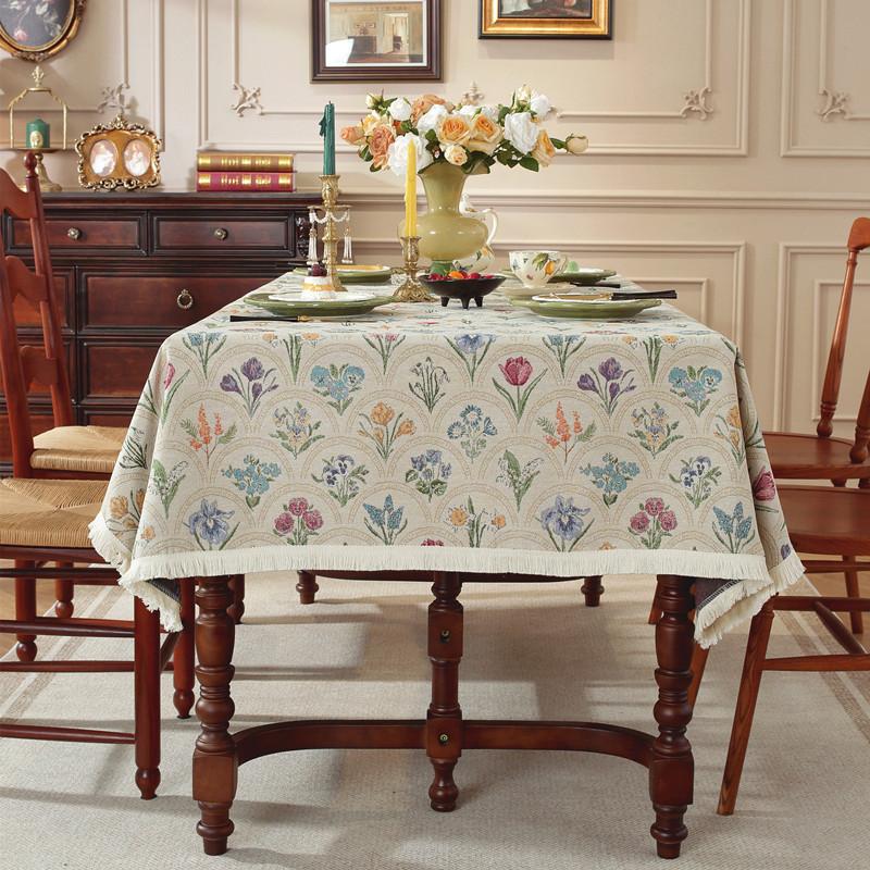 Retro Polyester Cotton Color Woven Jacquard Plant Fan-Shaped Flower Fringed Tablecloth Rectangular Coffee Table Tablecloth Dining Table Cloth