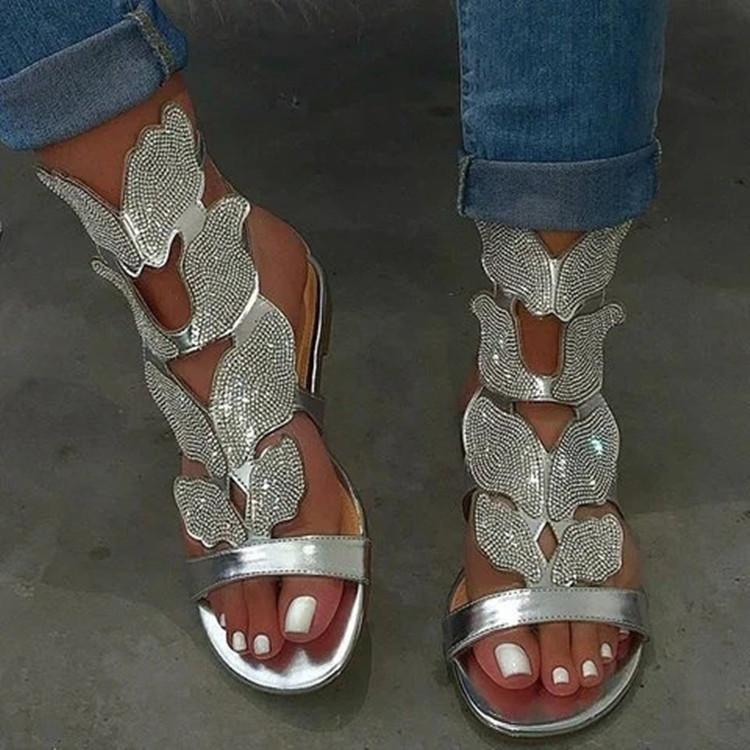 Large size rhinestone sandals women's 2025 new summer one-word flat-bottomed butterfly rhinestone sandals wish2025