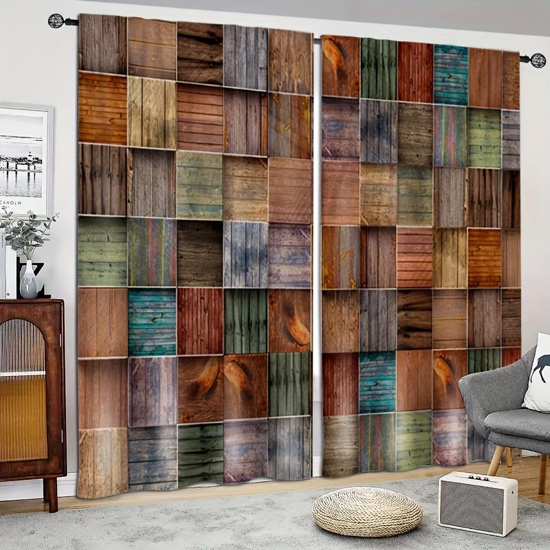 2pc Home Decor Curtains Wood Floor Printed European Style Decor, Modern Printed Curtain Rod Pocket,For Kitchen  Living Room
