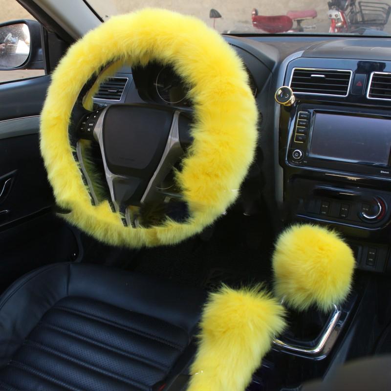 Car Steering Fur Wheel Cover Gear Shift Handbrake Cover with Winter Warm Wool Fashion for Girl Women Ladies