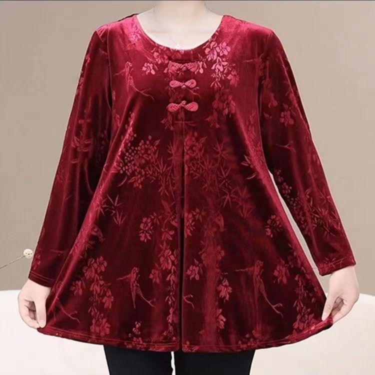 Women's Plus Size Velvet Blouse Round Neck Jacquard Loose Pullover Base Shirt Long Sleeve Velvet T-Shirt Top