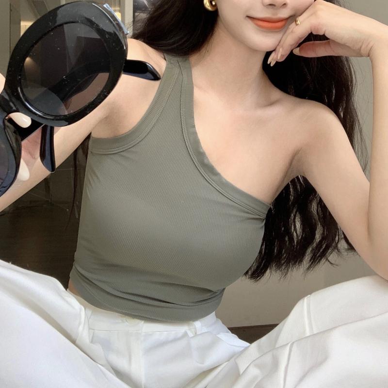 Camisole d'été pour femmes, épaules diagonales, haut polyvalent, nombril ouvert, haut court